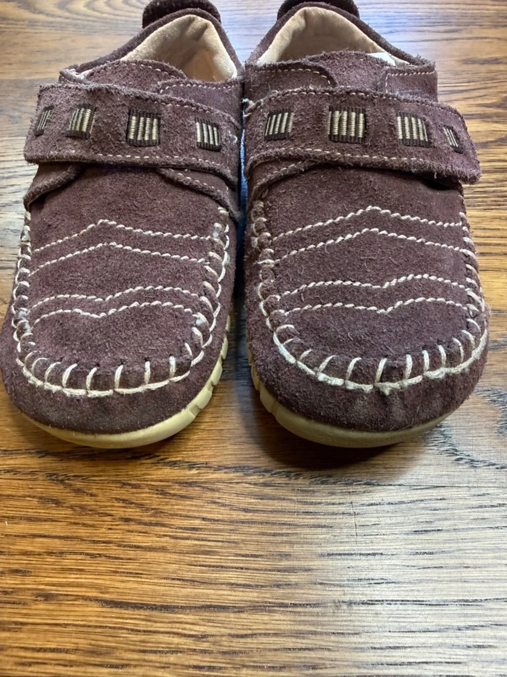Kids Brown Suede Leather Moccasin Shoes Hook & Loop Closure Size 10